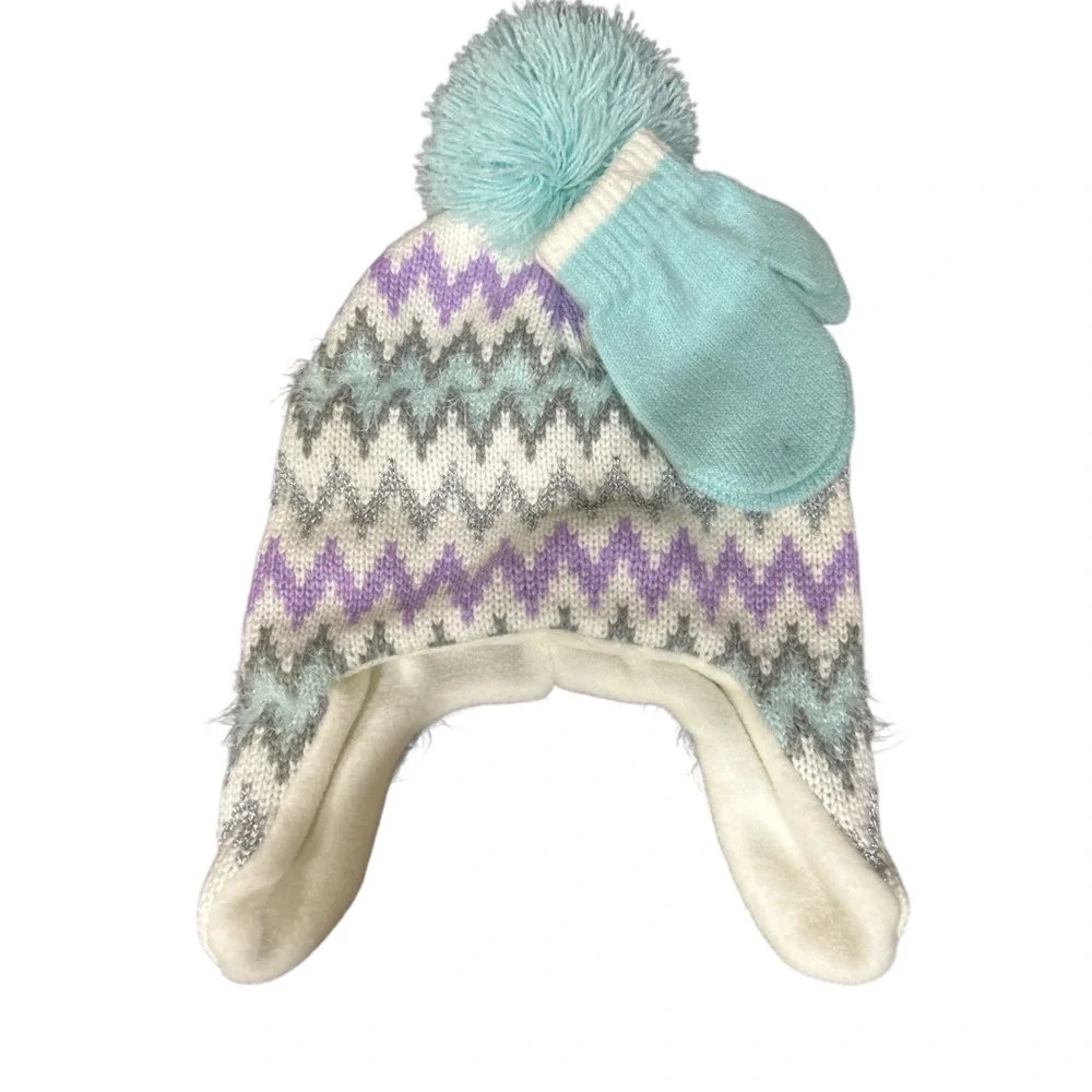 Cozy Knit Baby Hat and Mittens Set - Blue and White 12-24 months